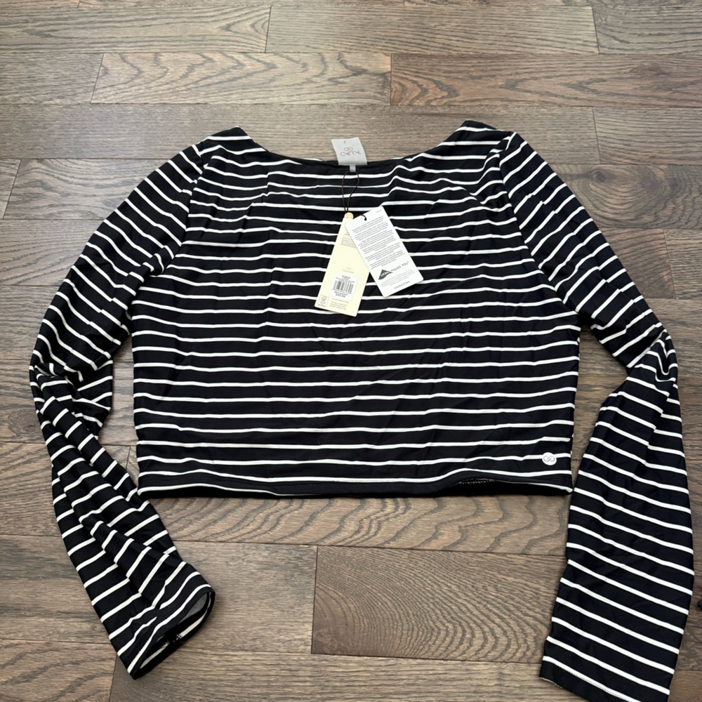 CALIA Black and White Striped Long Sleeve Crop Top Rashguard